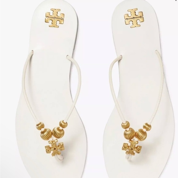 Tory Burch Capri Beaded Leather Tong Sandal/ New Ivory/Gold US 8 M/$248 NEW - Picture 3 of 6